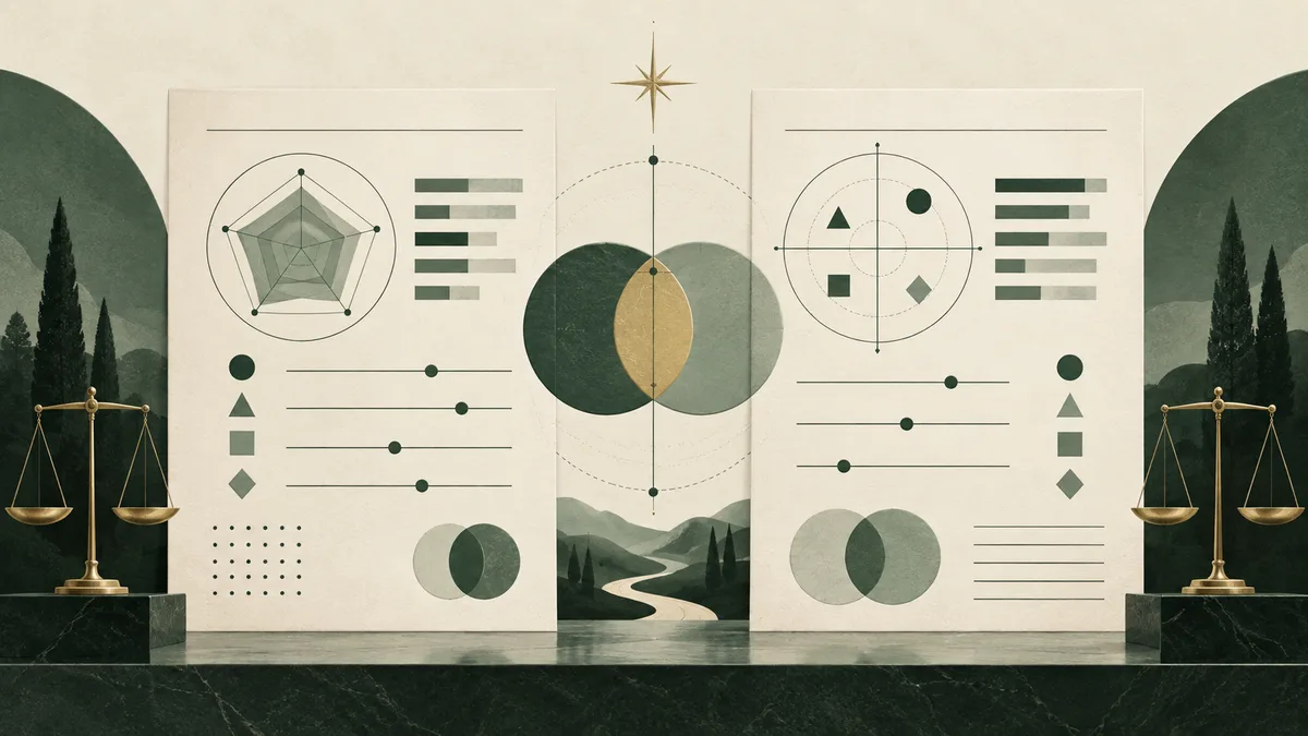 Two cream report pages with abstract charts, bars, circles, and geometric symbols stand between two brass balance scales, with a green mountain landscape behind them.