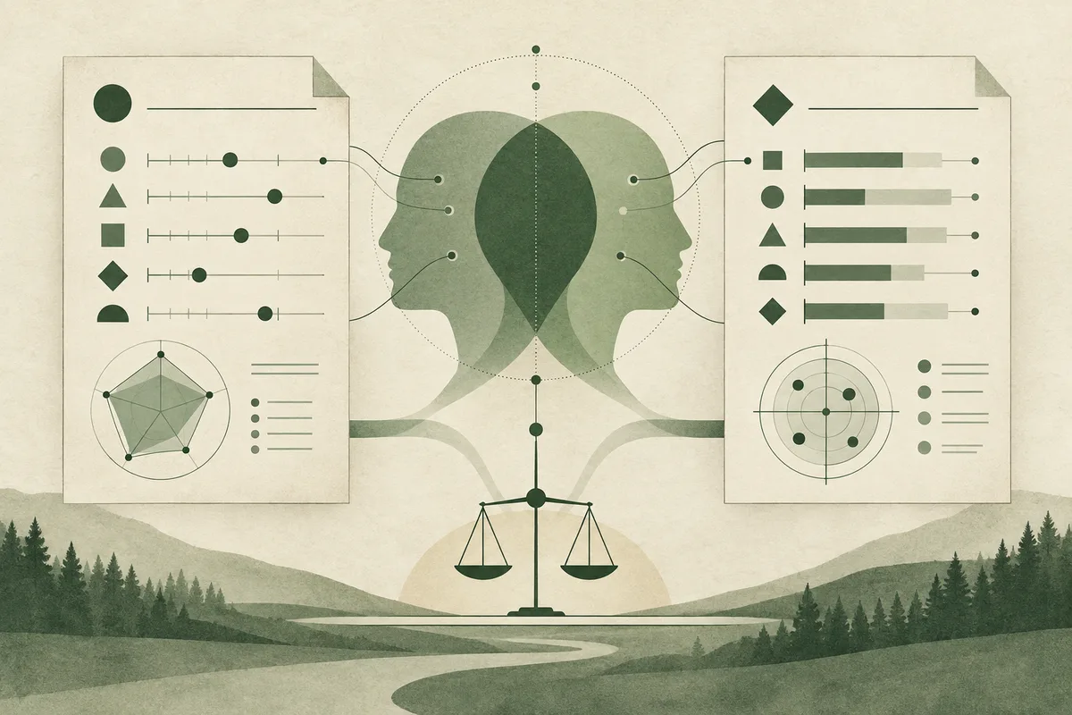 Two overlapping side-profile silhouettes are connected to separate report pages filled with abstract charts and symbols, above a brass balance scale and a green landscape.