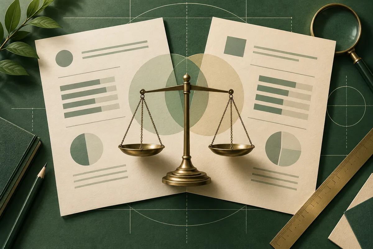 A brass balance scale rests across two cream report pages with abstract bars and circles on a dark green desk beside a magnifying glass, ruler, pencil, and leaves.