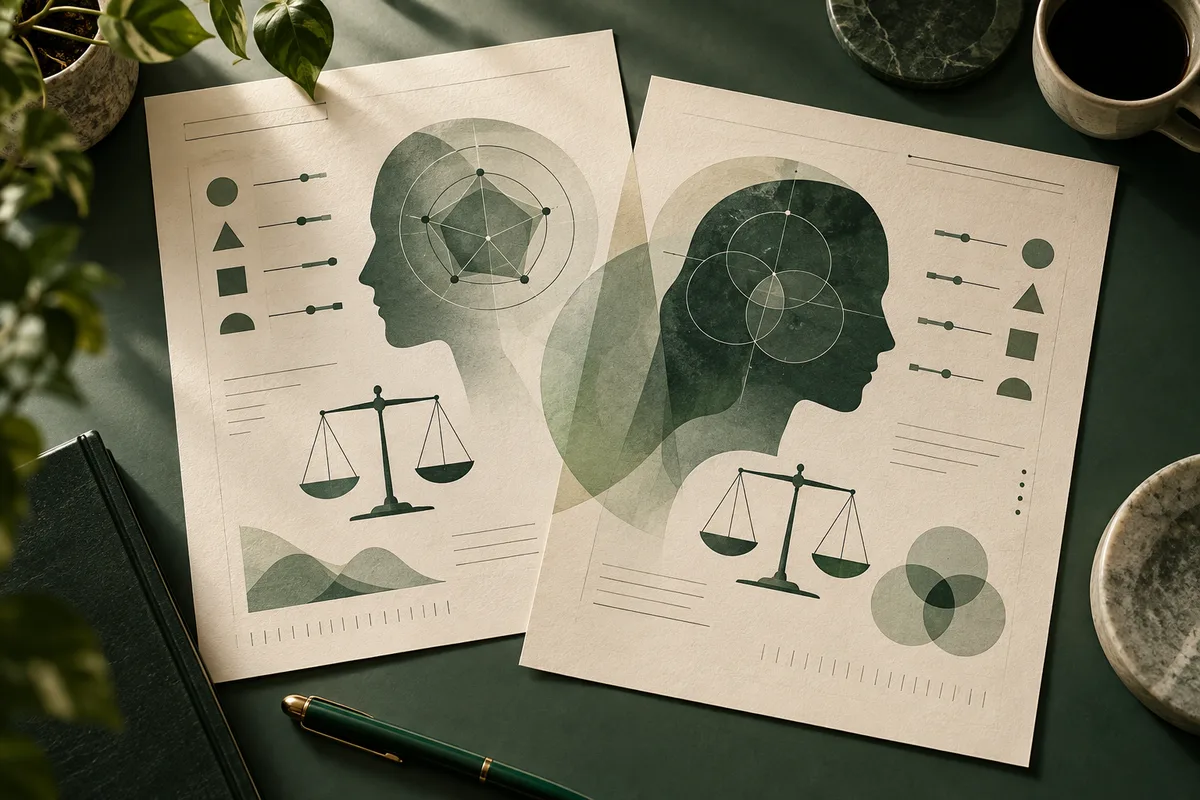 Two cream report pages on a dark green desk show side-profile silhouettes, abstract circular diagrams, balance scales, and geometric symbols, with a pen, plant, cup, and stone nearby.