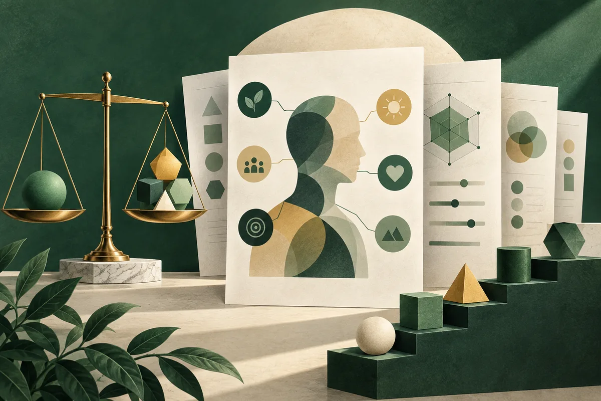 Illustrated report pages show a profile silhouette surrounded by simple circular icons and diagrams, beside a balance scale with spheres and geometric shapes on its pans.
