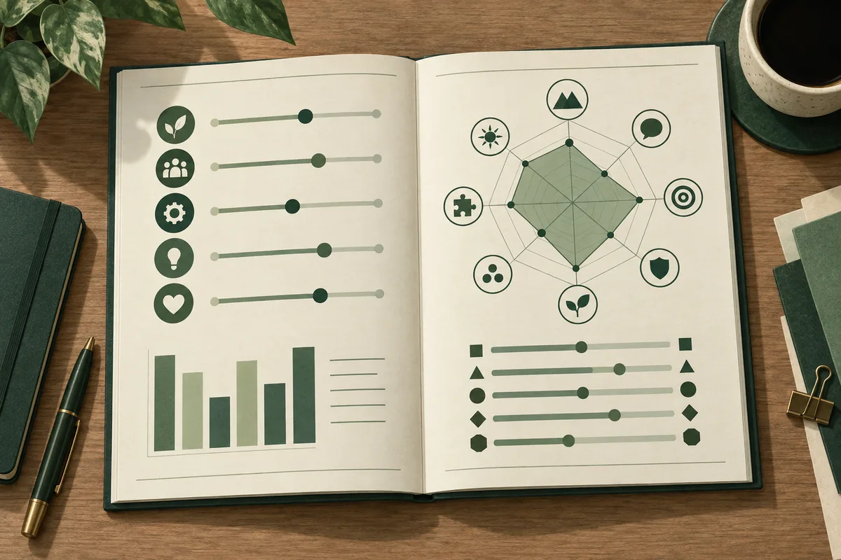 An open notebook displays rows of circular icons with slider markers, a bar chart, and a green radar chart on a wooden desk.