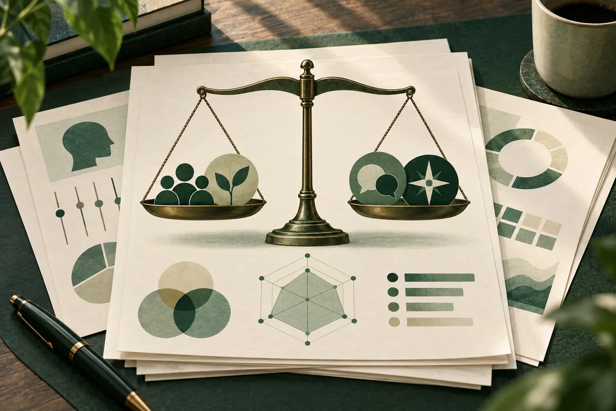 A stack of illustrated report pages features a balance scale with grouped circles and a leaf on one pan, and circles with a speech bubble and star on the other.
