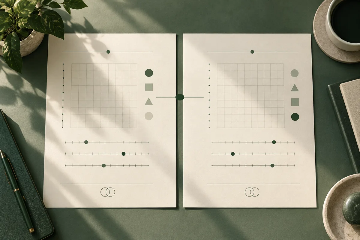 Two cream report pages with grid charts, slider scales, and simple shapes lie side by side on a dark green desk, with a leafy plant and pen nearby.