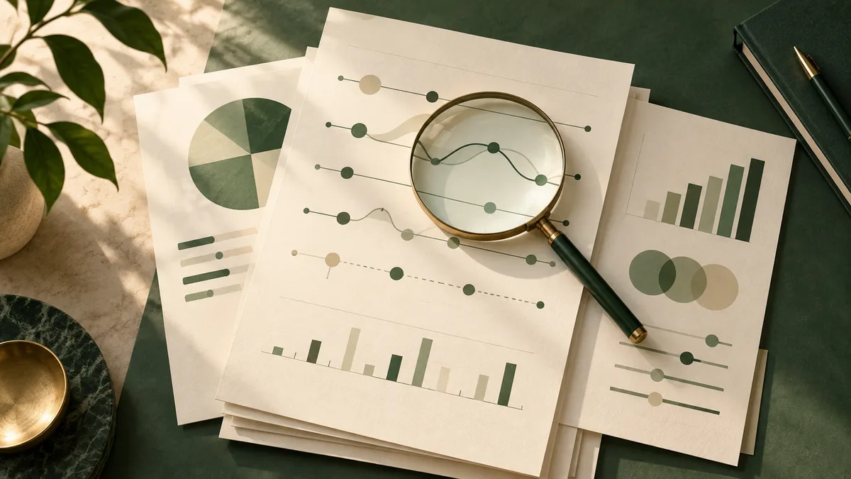 A magnifying glass rests over cream report pages with green charts, dots, and line graphs; a potted plant, cup, and pen sit nearby.
