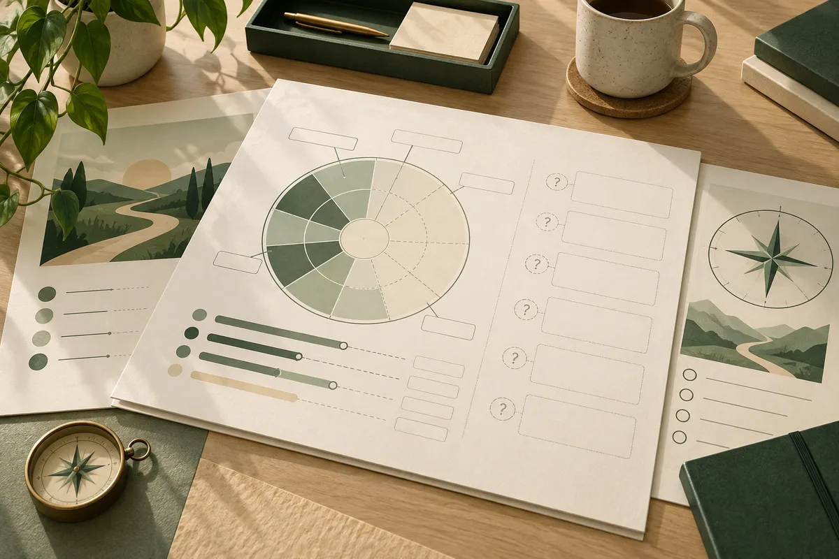 A green-and-cream report page with a segmented circular chart, blank fields, and bar scales lies on a desk beside a compass, coffee cup, plant, and landscape prints.