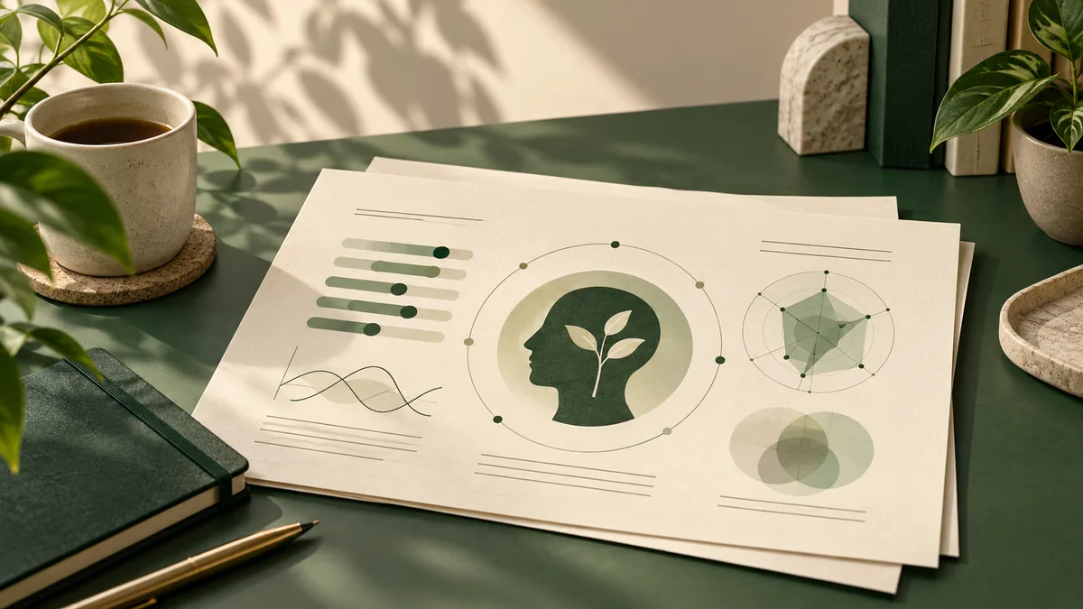 Cream report pages with abstract charts and a dark green head silhouette containing small leaves, on a desk beside a mug, plants, and a pen.