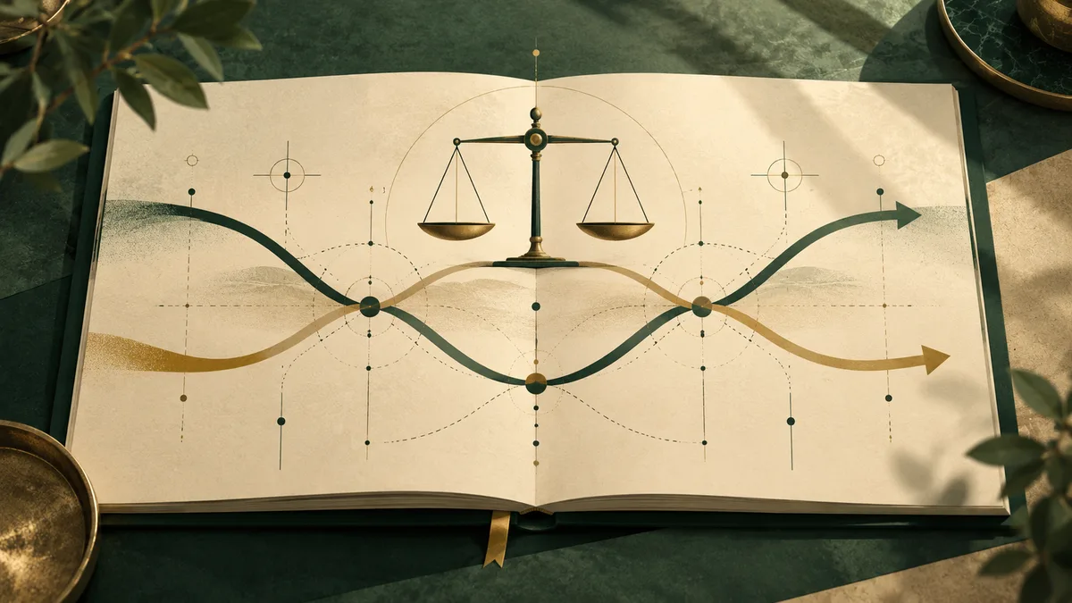 An open book displays balance scales above intersecting green and gold lines with plotted points.