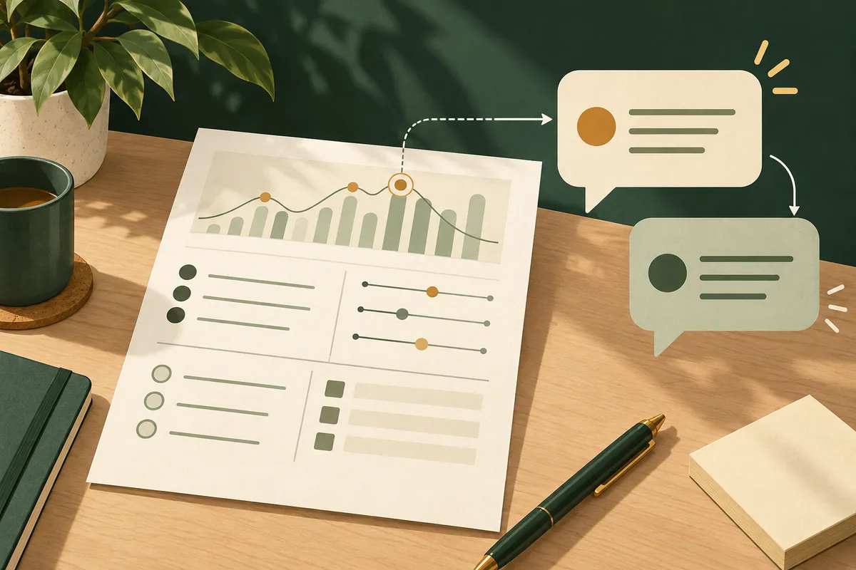 A report sheet with a chart and sliders sits beside two speech bubbles on a desk.