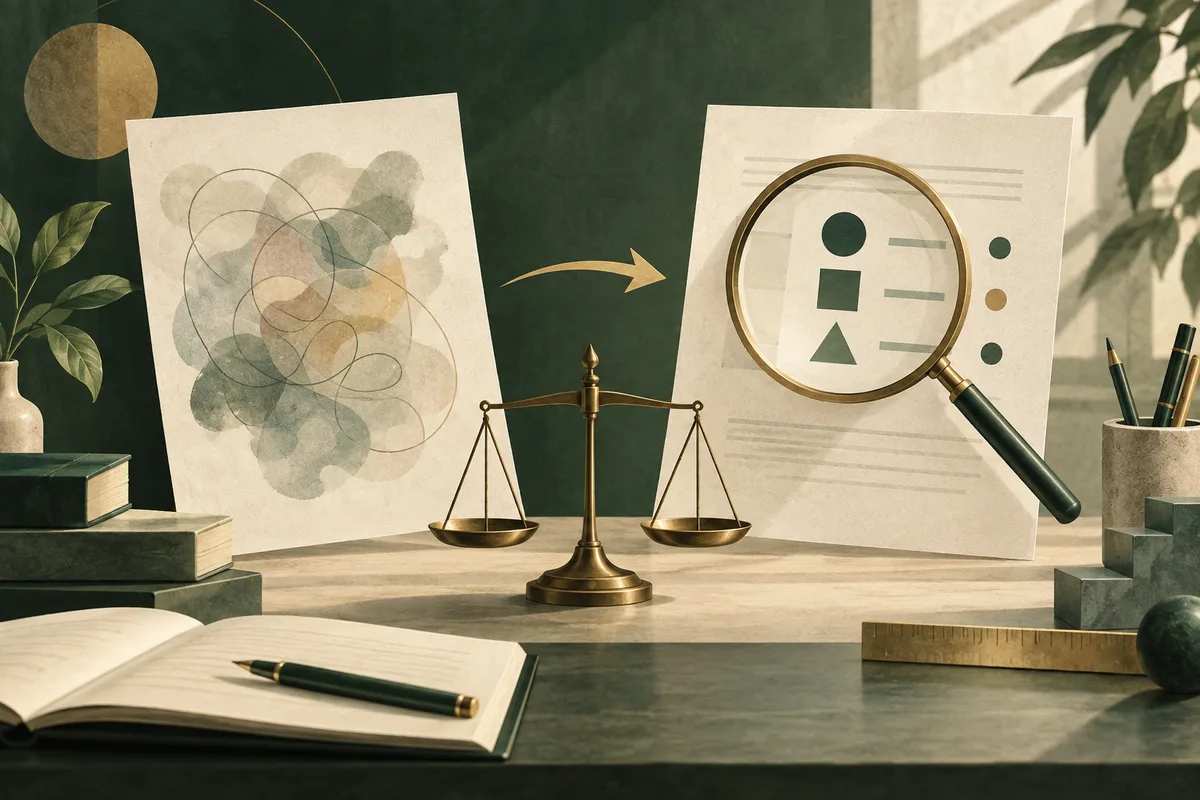 An abstract watercolor sheet points toward a page of simple shapes under a magnifying glass, with a balance scale between them on a desk.