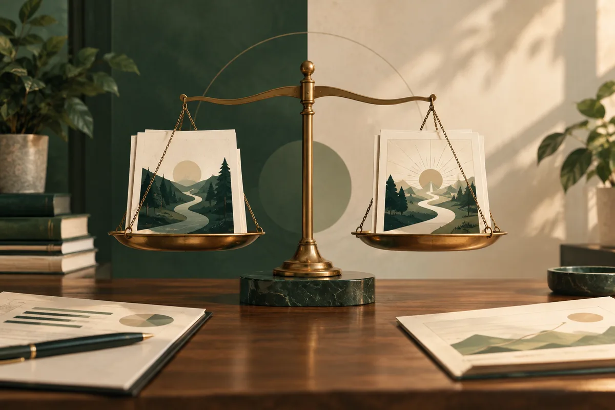 A brass balance scale holds two landscape illustrations, with papers and a pen on a wooden desk.