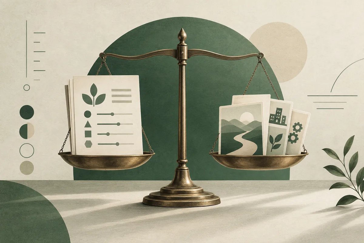 A balance scale holds a report page with leaf and rating symbols on one side and cards showing a landscape, buildings, leaves and gears on the other.