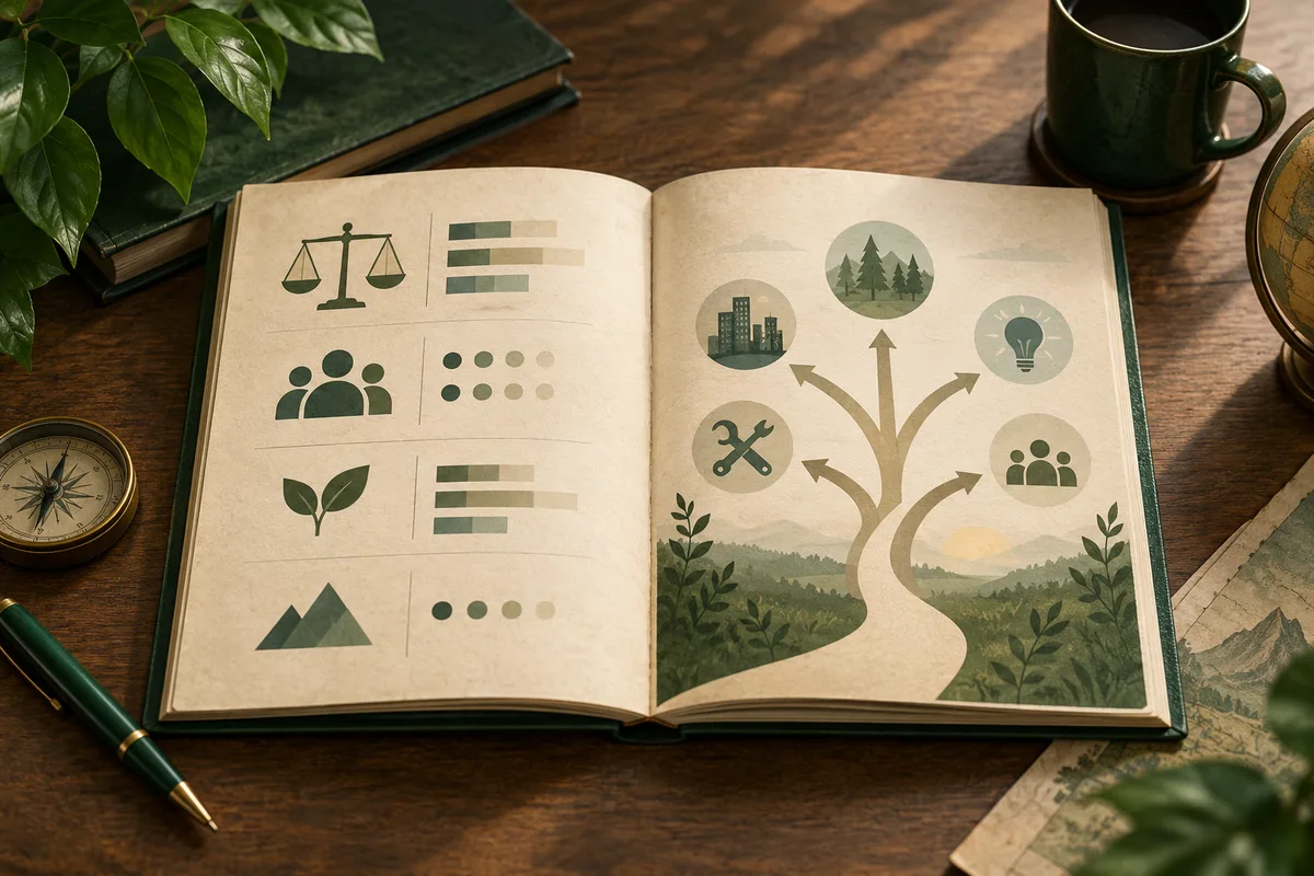 An open illustrated book shows scales, groups, leaves and mountains beside a branching path toward icons of a city, forest, light bulb, tools and people.