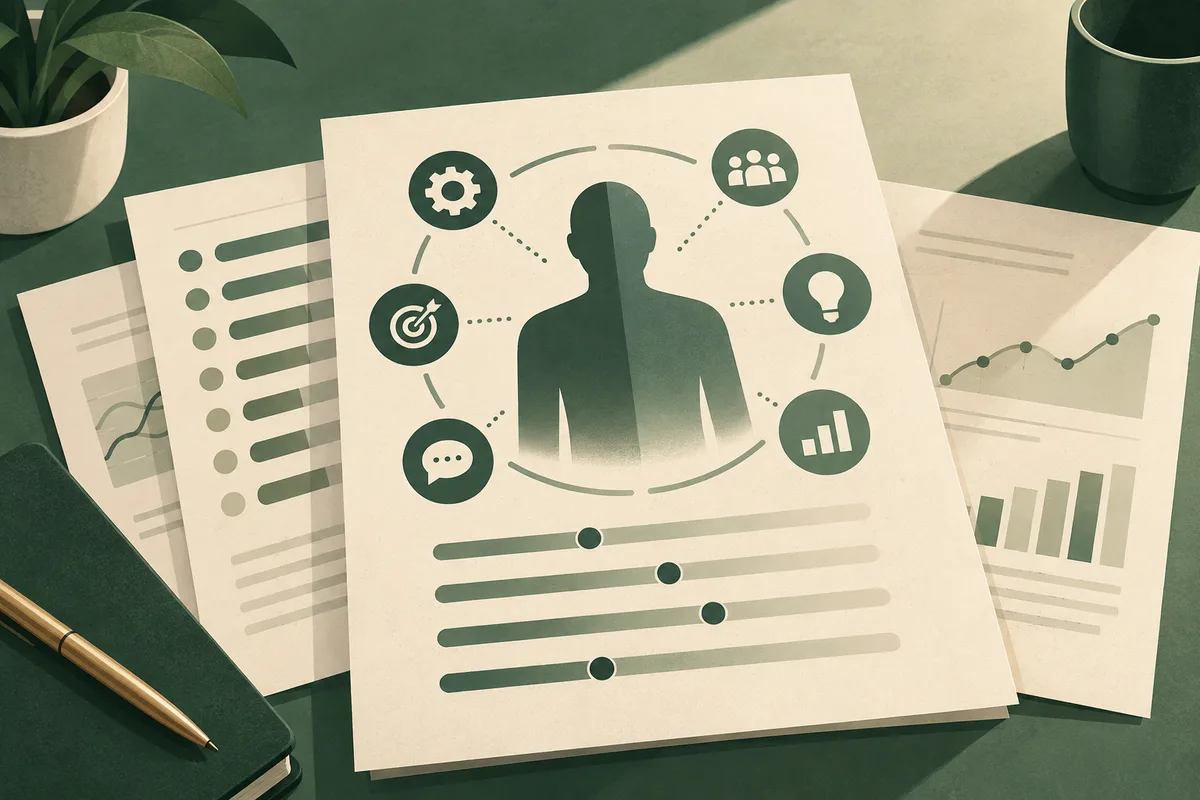 An illustrated report page shows a silhouette surrounded by connected icons for a gear, people, target, light bulb, chat, and bar chart, with slider-like scales below. Other charts and report pages sit behind it.