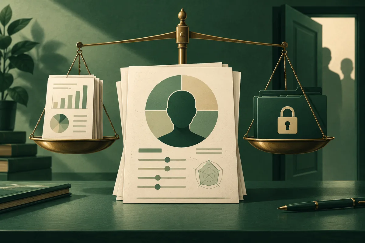 A personality report with a silhouette and charts sits between balanced scales holding a chart and a locked folder.