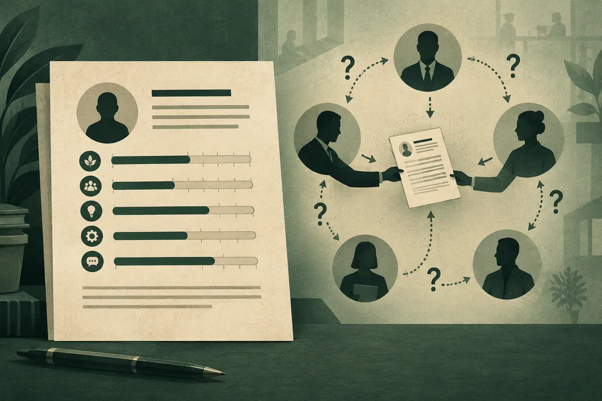 A profile chart with five sliders sits beside silhouettes passing a report around a circular network of people and question marks.