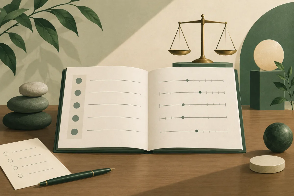An open book with simple rating lines sits on a wooden table beneath a balance scale, beside a checklist, pen, stacked stones, and green plants.